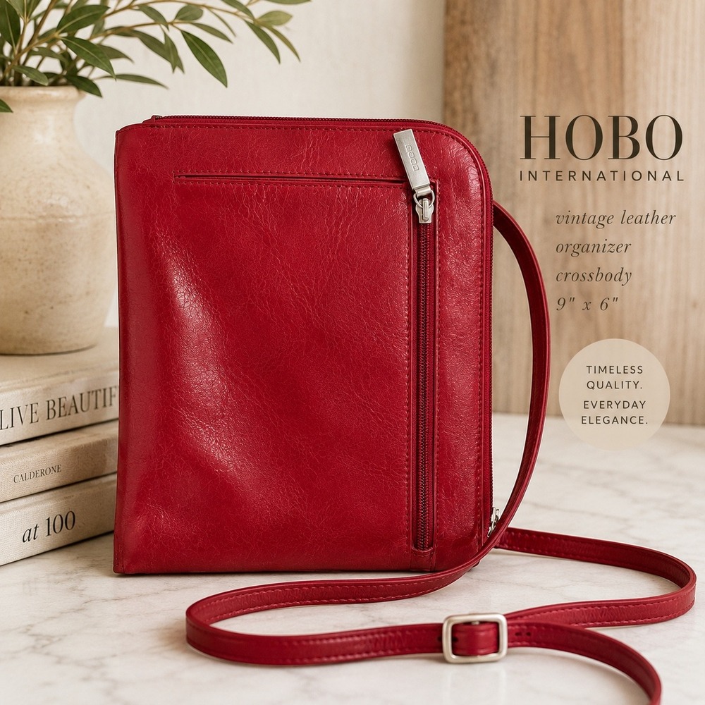 Vintage Red Leather Organizer Structured Crossbody Bag Slim Minimalist Everyday